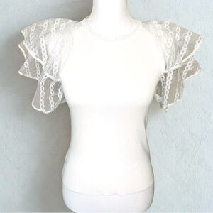 La’ Ros  White Sequin Flutter Sleeve Sweater Top  Small